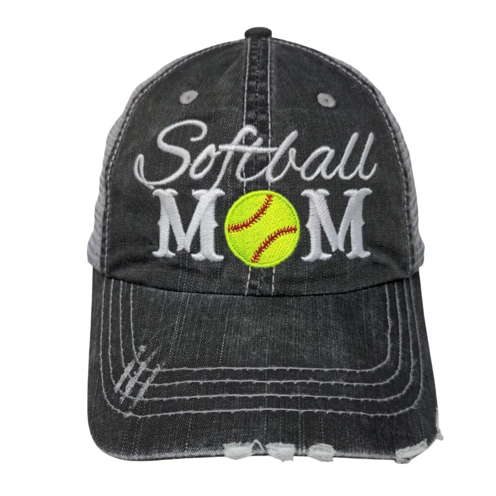 Softball Mom Strapback Trucker Hat Gray OSFA Adjustable Mesh Back Distressed